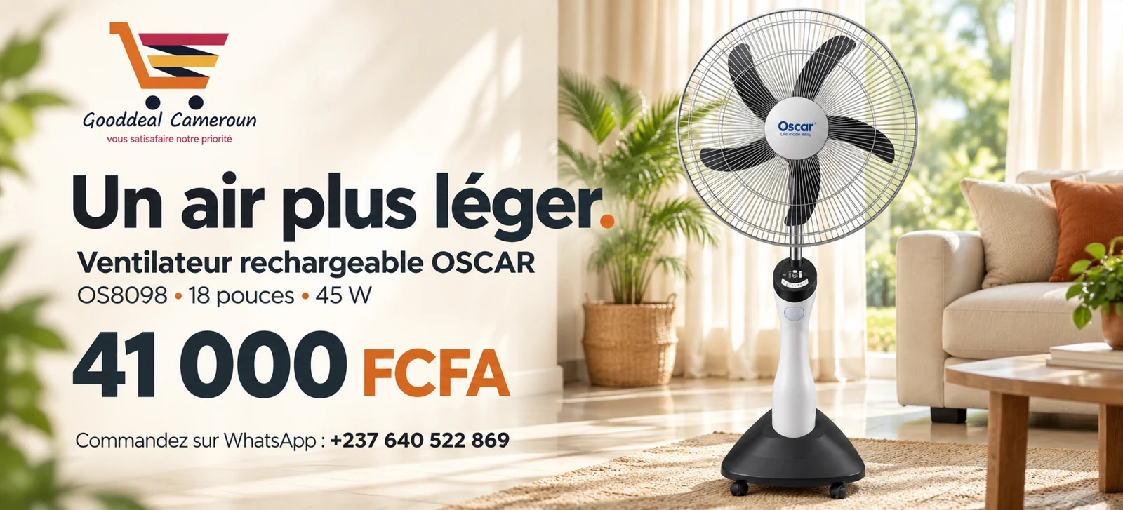 Gooddeal Cameroun, Ventilateur OSCAR OS8098, 41 000 FCFA