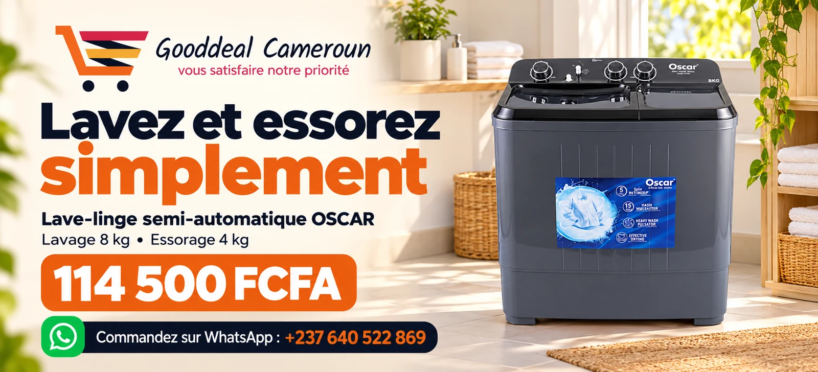Gooddeal Cameroun, Machine à laver OSCAR 8 kg, 114 500 FCFA