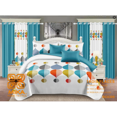 Draps + Taie + Rideaux 03 places_BC0309_Blanc Bleu - Coton