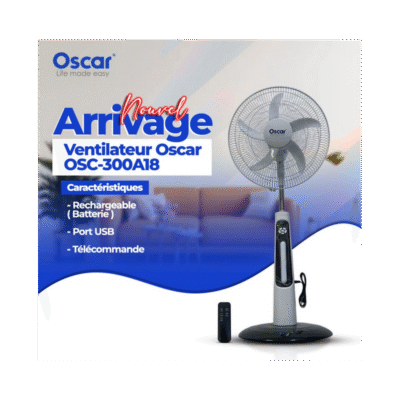 Ventilateur rechargeable OSCAR - 33W - 9 Niveaux de vitesse - 9 Niveaux - Port USB + Telecommande